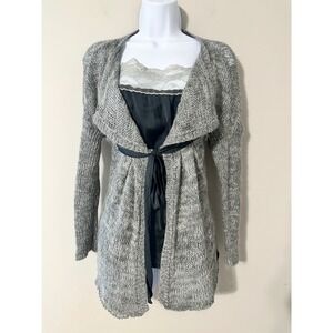 GAUDÌ Gray Open Knit Shawl Collar Cardigan Sweater Black Marled Knit Size S